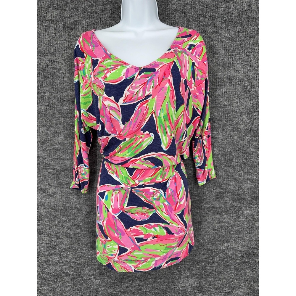 Lilly Pulitzer Dress Womens S Pink Tropical Leaf Blouson 3/4 Sleeve Jersey Short